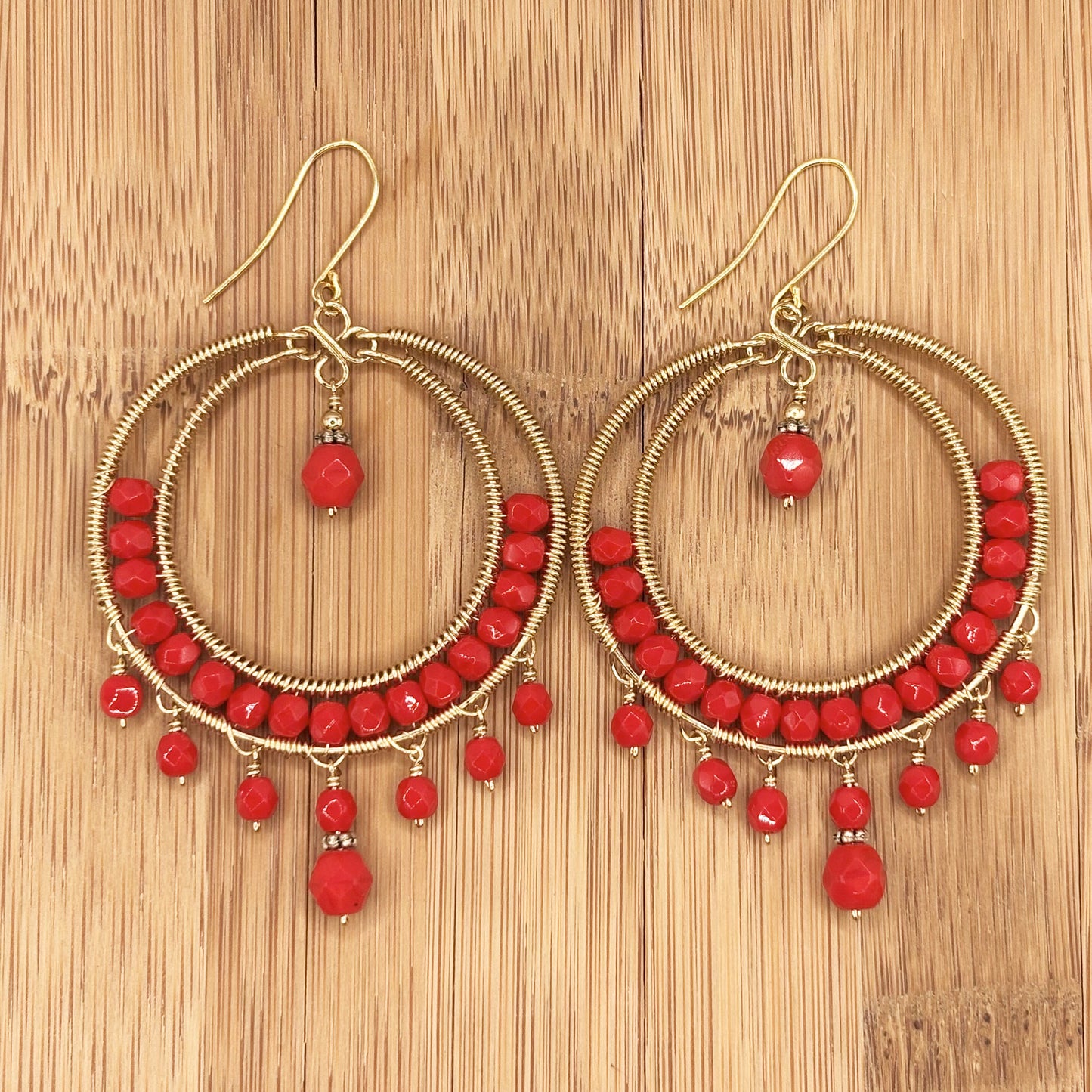 Red Czech Bead Hoop Chandelier Earrings Gold Tone Boho Dangle Earrings with Hypoallergenic Stainless Steel Hooks