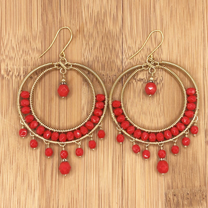 Red Czech Bead Hoop Chandelier Earrings Gold Tone Boho Dangle Earrings with Hypoallergenic Stainless Steel Hooks