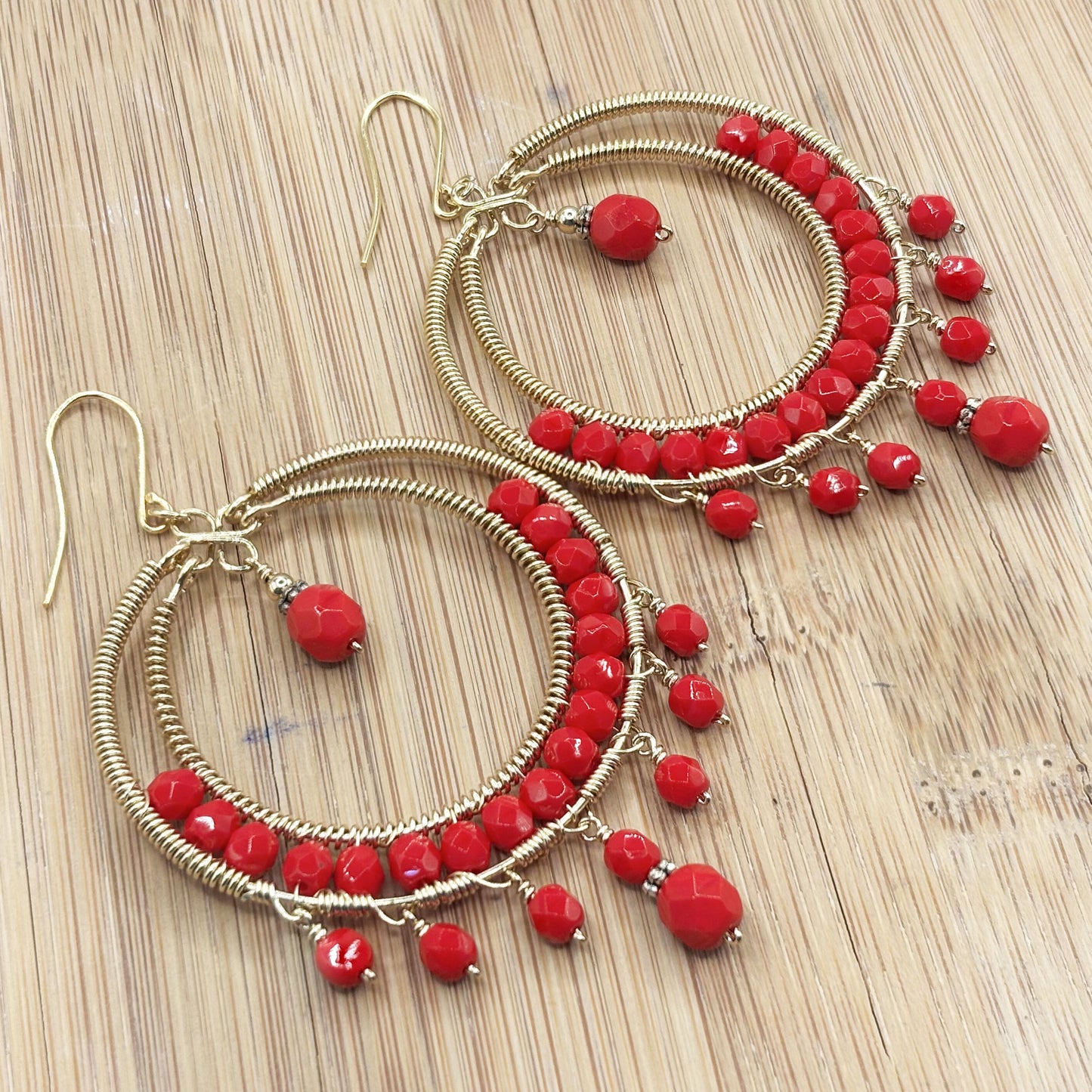 Red Czech Bead Hoop Chandelier Earrings Gold Tone Boho Dangle Earrings with Hypoallergenic Stainless Steel Hooks