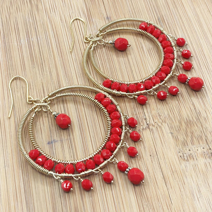 Red Czech Bead Hoop Chandelier Earrings Gold Tone Boho Dangle Earrings with Hypoallergenic Stainless Steel Hooks