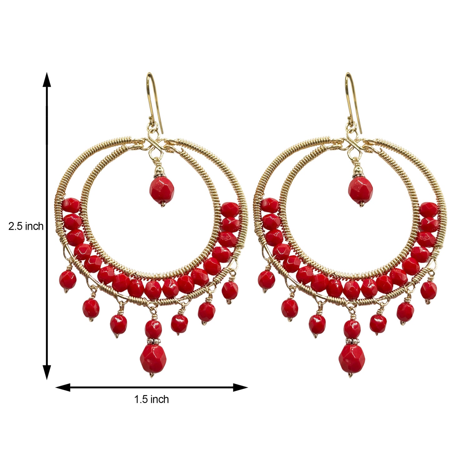 Red Czech Bead Hoop Chandelier Earrings Gold Tone Boho Dangle Earrings with Hypoallergenic Stainless Steel Hooks