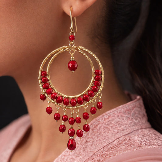 Red Czech Bead Hoop Chandelier Earrings Gold Tone Boho Dangle Earrings with Hypoallergenic Stainless Steel Hooks