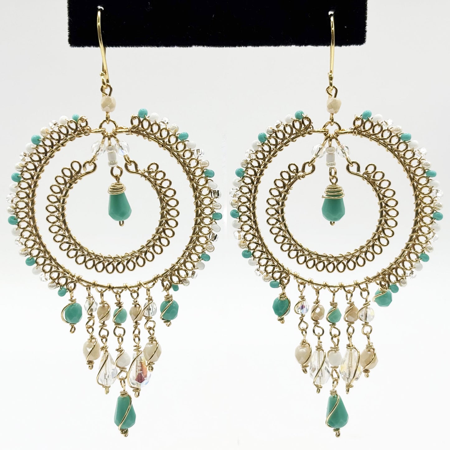 Green & Clear Czech Bead Chandelier Earrings Gold Tone Boho Dangle Earrings with Hypoallergenic Stainless Steel Hooks