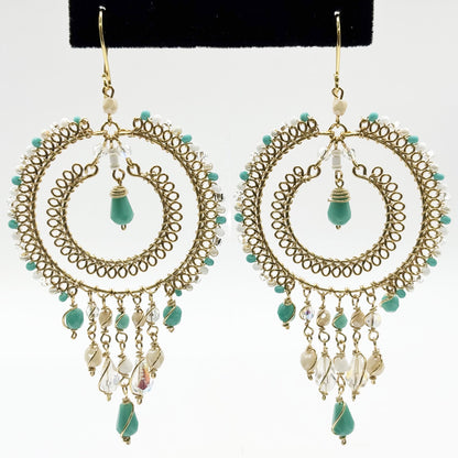 Green & Clear Czech Bead Chandelier Earrings Gold Tone Boho Dangle Earrings with Hypoallergenic Stainless Steel Hooks