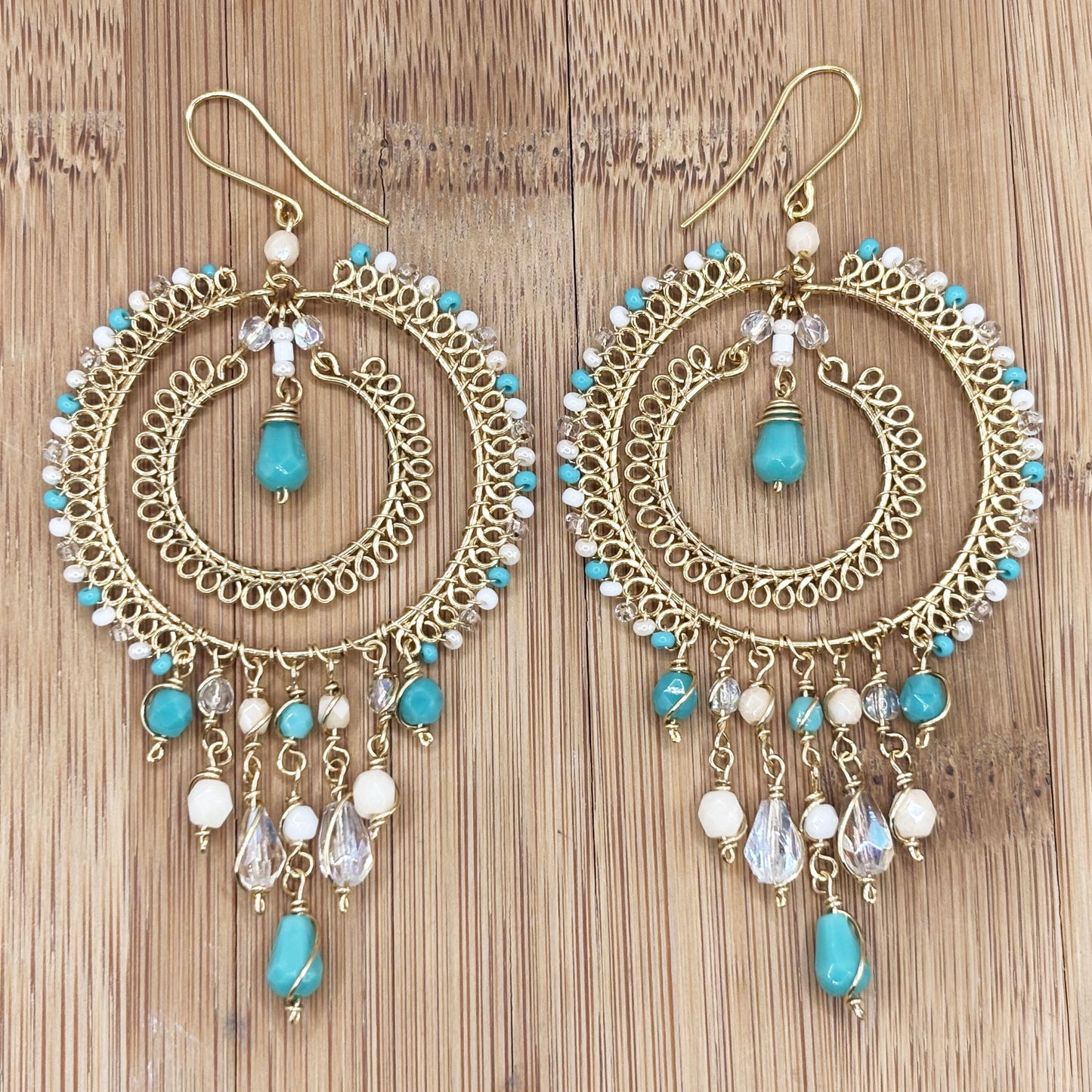 Green & Clear Czech Bead Chandelier Earrings Gold Tone Boho Dangle Earrings with Hypoallergenic Stainless Steel Hooks