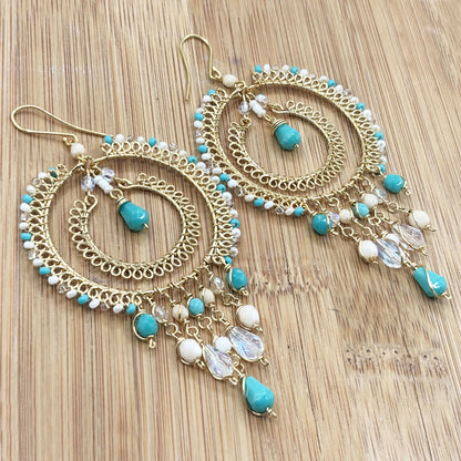 Green & Clear Czech Bead Chandelier Earrings Gold Tone Boho Dangle Earrings with Hypoallergenic Stainless Steel Hooks