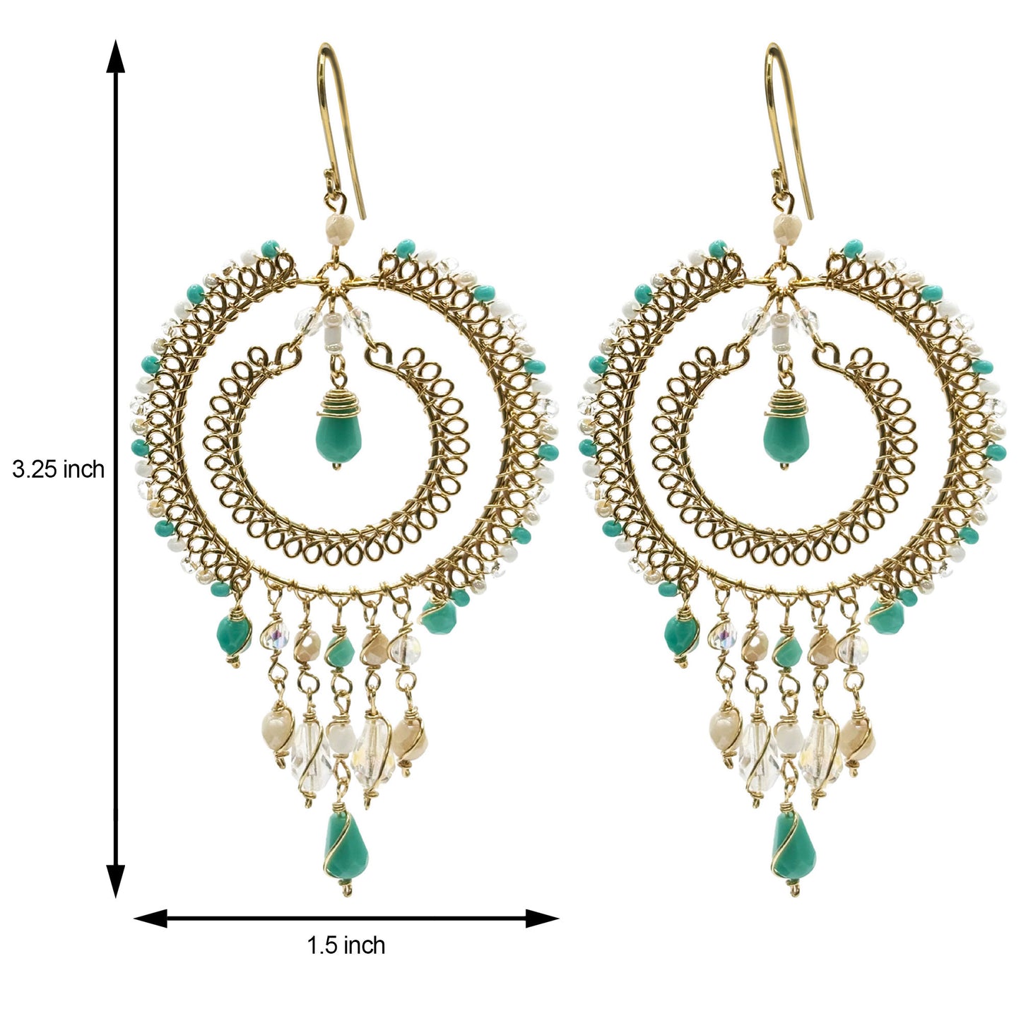 Green & Clear Czech Bead Chandelier Earrings Gold Tone Boho Dangle Earrings with Hypoallergenic Stainless Steel Hooks