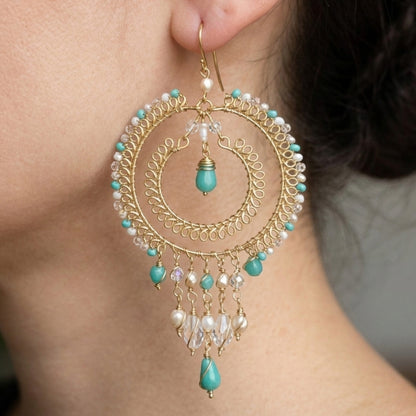 Green & Clear Czech Bead Chandelier Earrings Gold Tone Boho Dangle Earrings with Hypoallergenic Stainless Steel Hooks