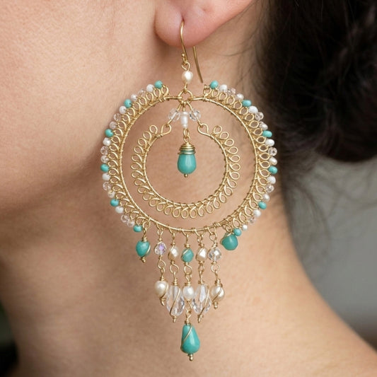 Green & Clear Czech Bead Chandelier Earrings Gold Tone Boho Dangle Earrings with Hypoallergenic Stainless Steel Hooks