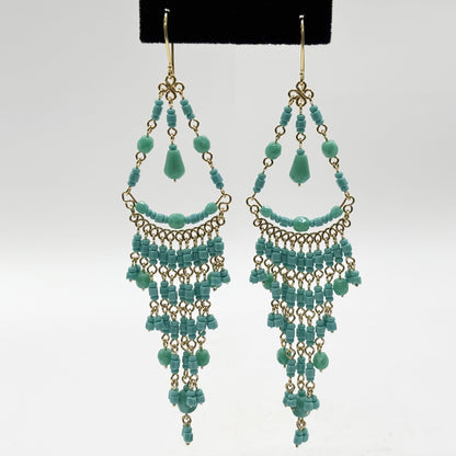 Turquoise Fire Polished Bead Chandelier Dangle Earrings Gold Tone Boho Statement with Hypoallergenic Steel Hooks