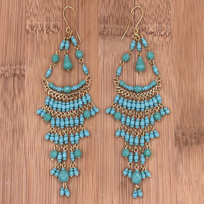Turquoise Fire Polished Bead Chandelier Dangle Earrings Gold Tone Boho Statement with Hypoallergenic Steel Hooks