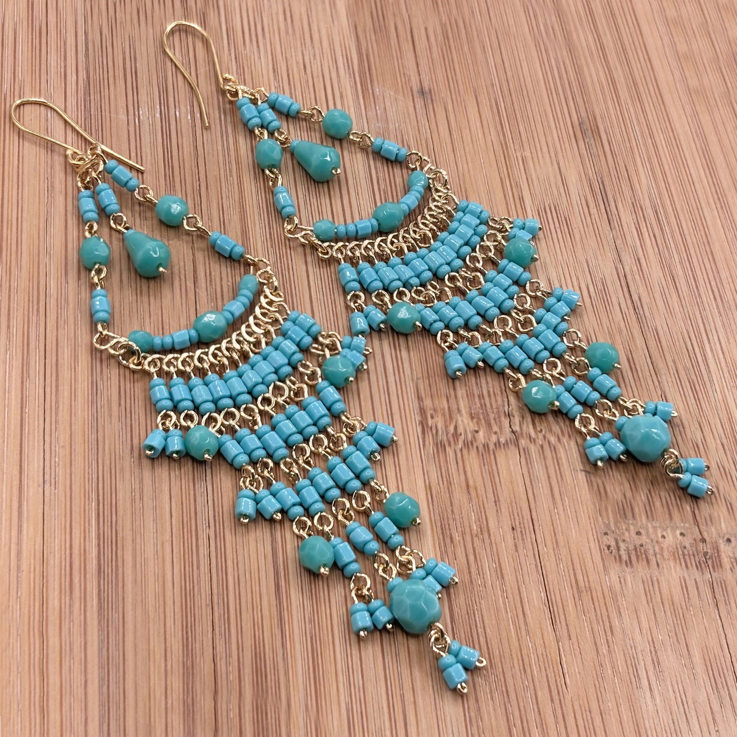Turquoise Fire Polished Bead Chandelier Dangle Earrings Gold Tone Boho Statement with Hypoallergenic Steel Hooks
