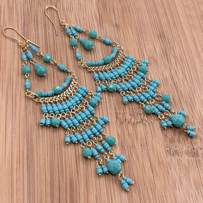 Turquoise Fire Polished Bead Chandelier Dangle Earrings Gold Tone Boho Statement with Hypoallergenic Steel Hooks