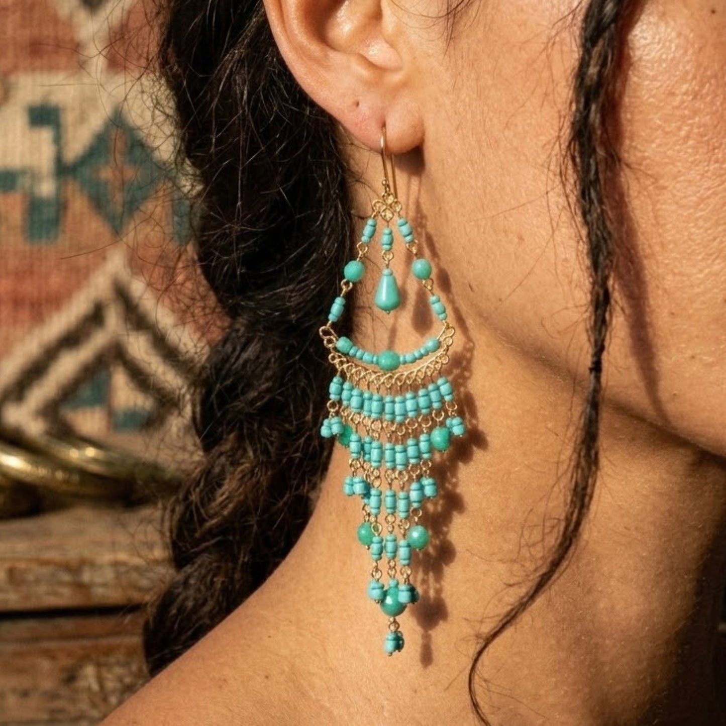 Turquoise Fire Polished Bead Chandelier Dangle Earrings Gold Tone Boho Statement with Hypoallergenic Steel Hooks