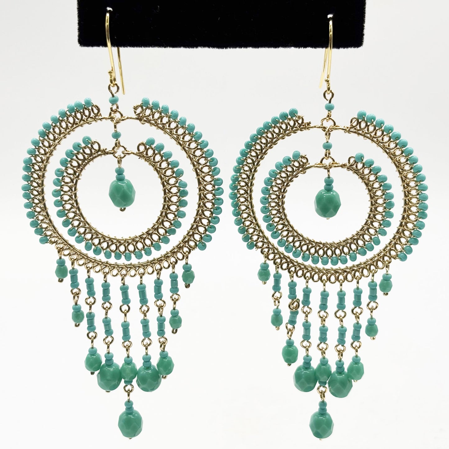 Bohemian Czech Turquoise Beaded Chandelier Earrings in Hypoallergenic Stainless Steel