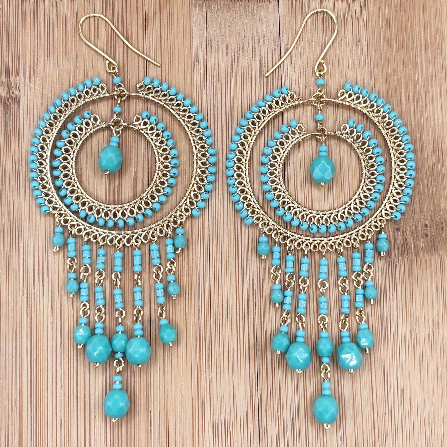 Bohemian Czech Turquoise Beaded Chandelier Earrings in Hypoallergenic Stainless Steel