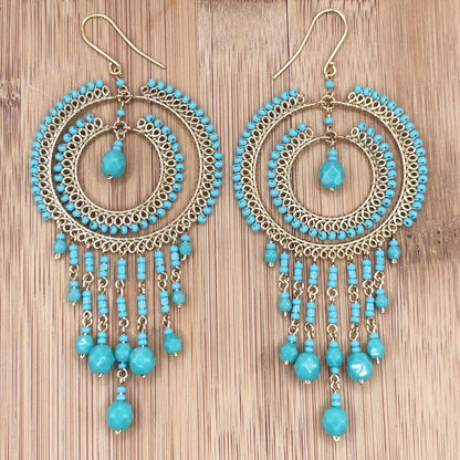 Bohemian Czech Turquoise Beaded Chandelier Earrings in Hypoallergenic Stainless Steel
