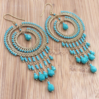 Bohemian Czech Turquoise Beaded Chandelier Earrings in Hypoallergenic Stainless Steel