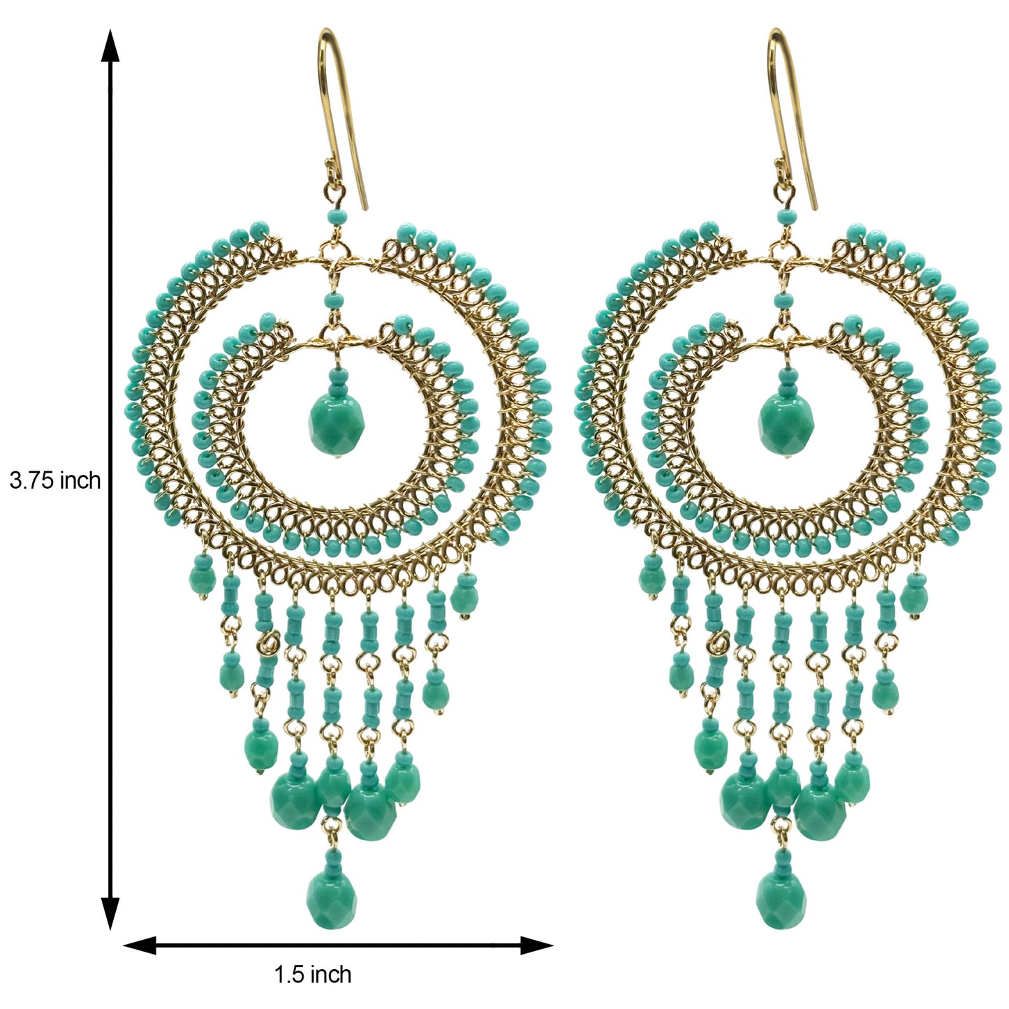 Bohemian Czech Turquoise Beaded Chandelier Earrings in Hypoallergenic Stainless Steel
