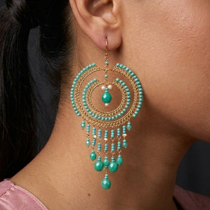 Bohemian Czech Turquoise Beaded Chandelier Earrings in Hypoallergenic Stainless Steel