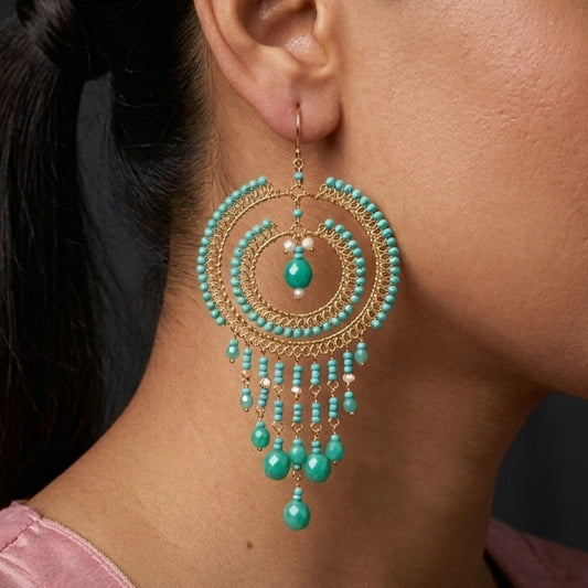 Bohemian Czech Turquoise Beaded Chandelier Earrings in Hypoallergenic Stainless Steel