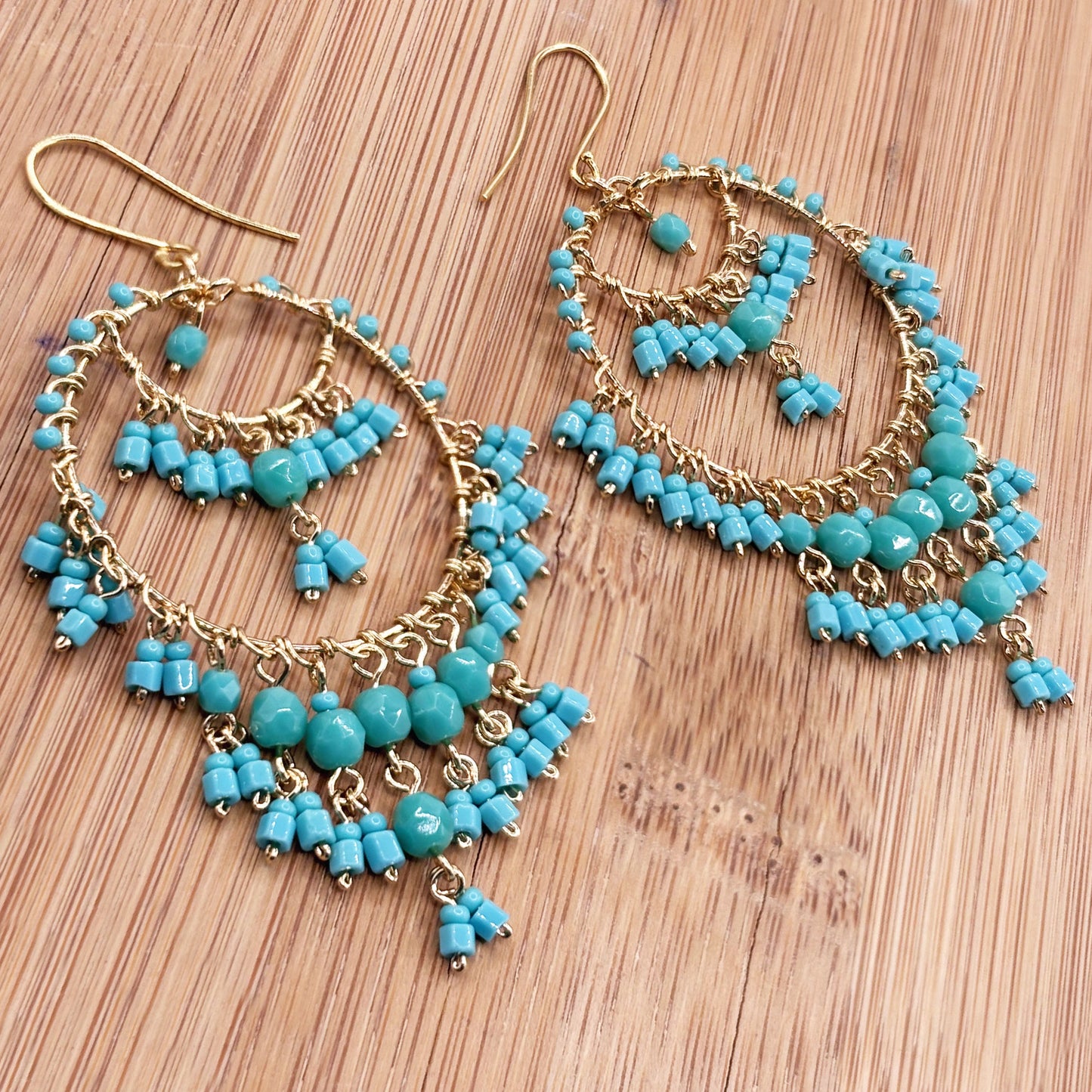 Bohemian Fire Polished Beaded Chandelier Earrings in Hypoallergenic Stainless Steel