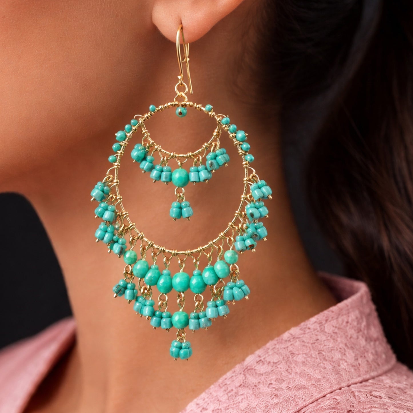 Bohemian Fire Polished Beaded Chandelier Earrings in Hypoallergenic Stainless Steel