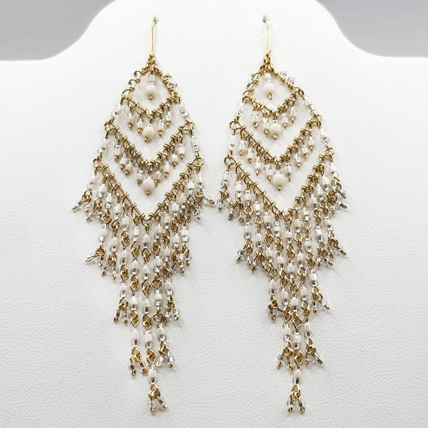 Bohemian Fire Polished Beaded Chevron Fringe Earrings in Hypoallergenic Stainless Steel