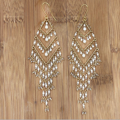 Bohemian Fire Polished Beaded Chevron Fringe Earrings in Hypoallergenic Stainless Steel