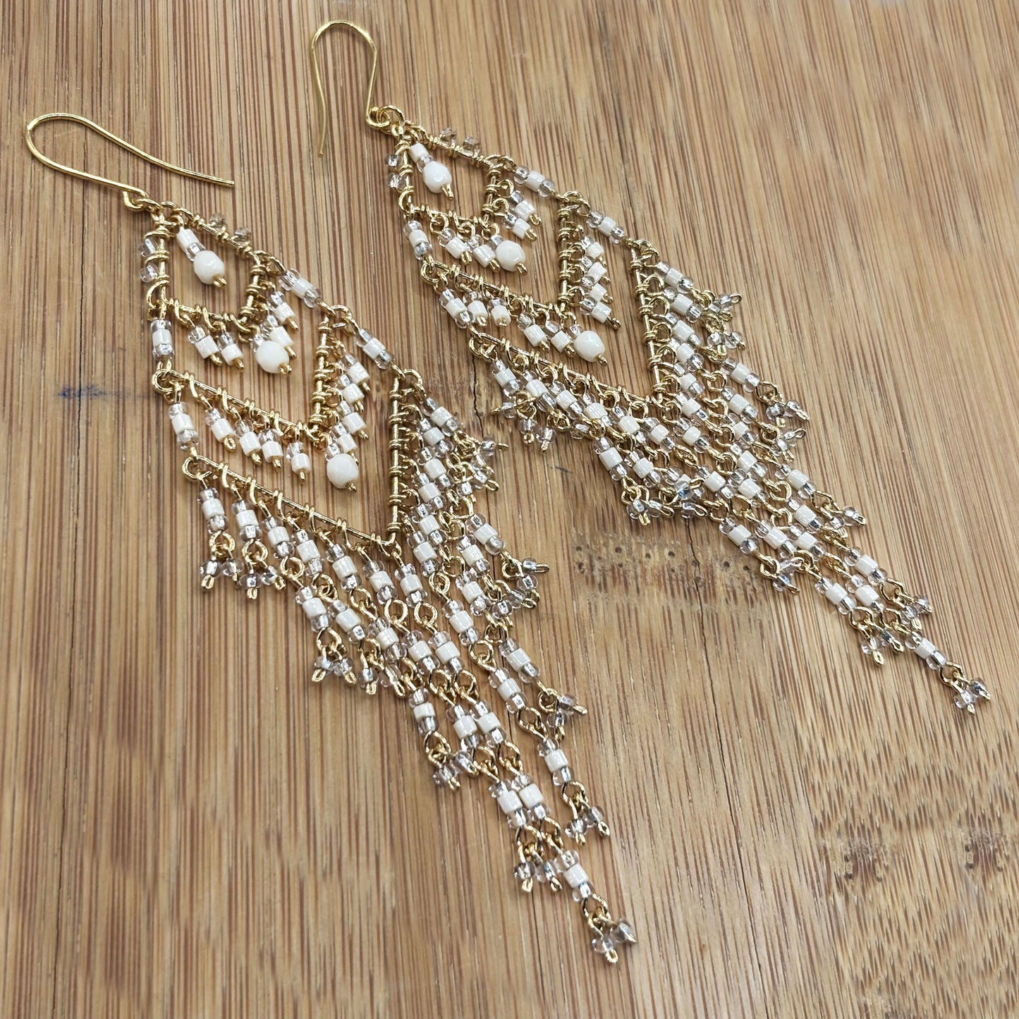 Bohemian Fire Polished Beaded Chevron Fringe Earrings in Hypoallergenic Stainless Steel