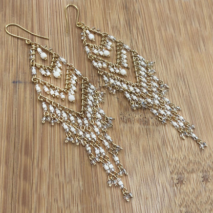 Bohemian Fire Polished Beaded Chevron Fringe Earrings in Hypoallergenic Stainless Steel