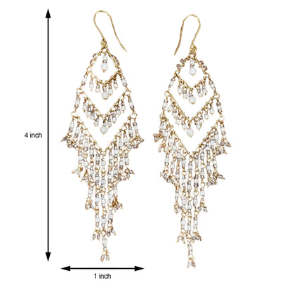 Bohemian Fire Polished Beaded Chevron Fringe Earrings in Hypoallergenic Stainless Steel