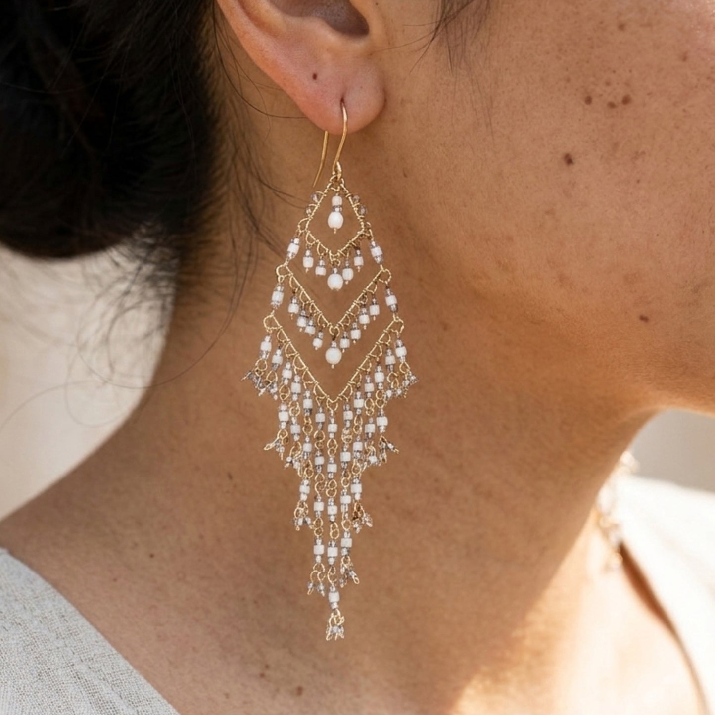 Bohemian Fire Polished Beaded Chevron Fringe Earrings in Hypoallergenic Stainless Steel