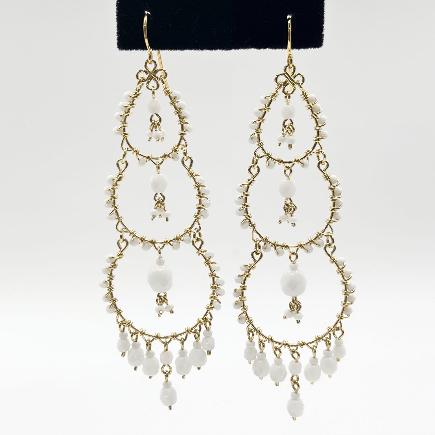 Bohemian Fire Polished Beaded Triple Tier Chandelier Earrings in Hypoallergenic Stainless Steel