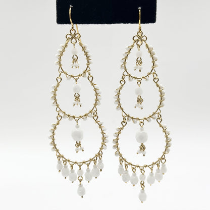 Bohemian Fire Polished Beaded Triple Tier Chandelier Earrings in Hypoallergenic Stainless Steel