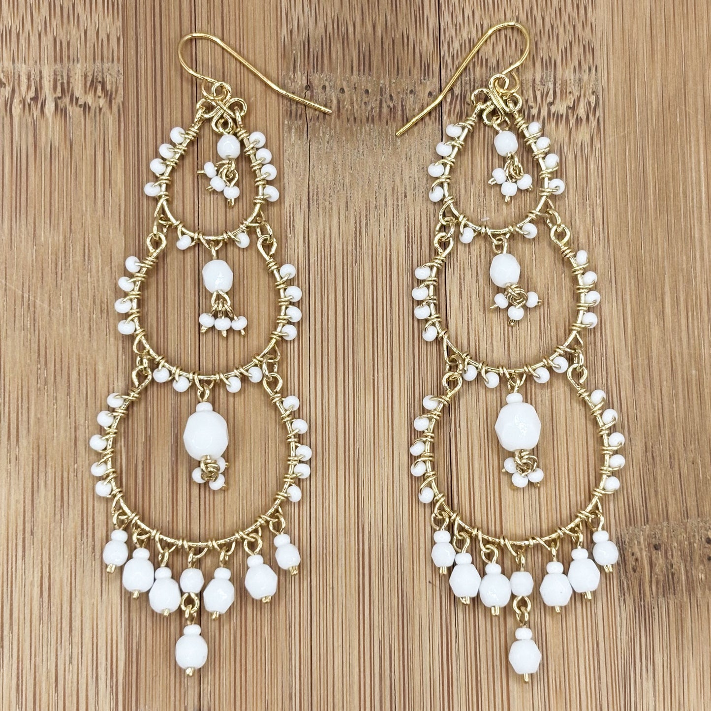Bohemian Fire Polished Beaded Triple Tier Chandelier Earrings in Hypoallergenic Stainless Steel