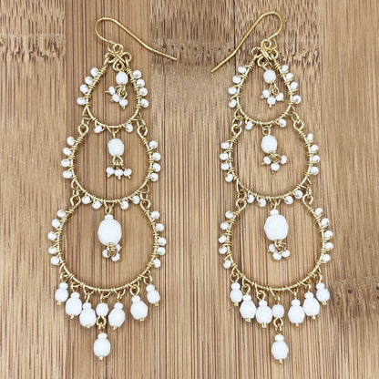 Bohemian Fire Polished Beaded Triple Tier Chandelier Earrings in Hypoallergenic Stainless Steel