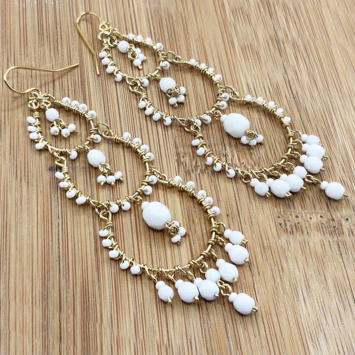 Bohemian Fire Polished Beaded Triple Tier Chandelier Earrings in Hypoallergenic Stainless Steel