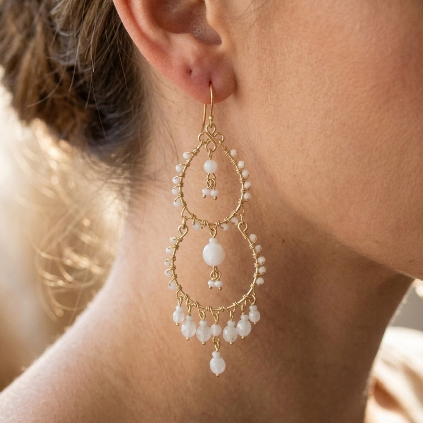 Bohemian Fire Polished Beaded Triple Tier Chandelier Earrings in Hypoallergenic Stainless Steel