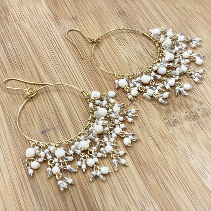 Bohemian Fire Polished Beaded Hoop Tassel Earrings in Hypoallergenic Stainless Steel