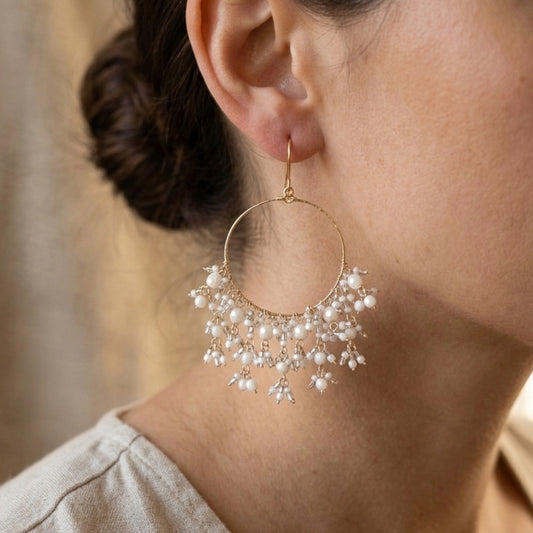 Bohemian Fire Polished Beaded Hoop Tassel Earrings in Hypoallergenic Stainless Steel