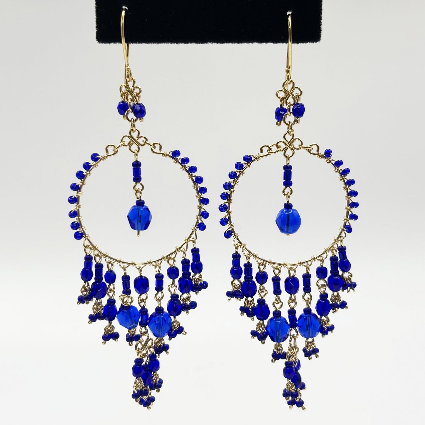 Bohemian Cobalt Blue Fire Polished Beaded Chandelier Earrings in Hypoallergenic Steel