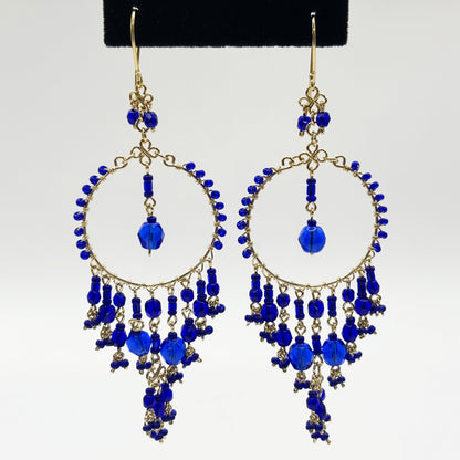 Bohemian Cobalt Blue Fire Polished Beaded Chandelier Earrings in Hypoallergenic Steel