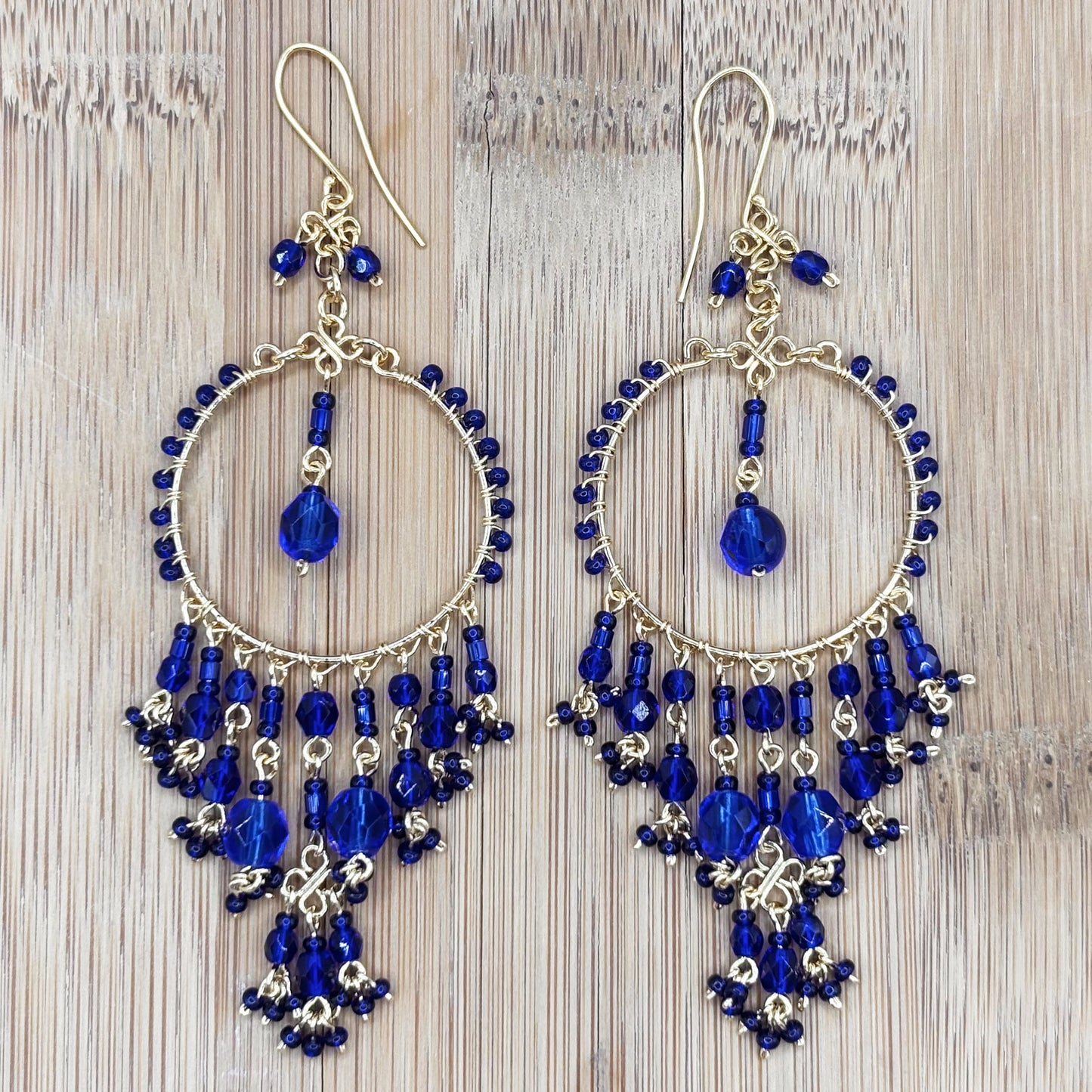 Bohemian Cobalt Blue Fire Polished Beaded Chandelier Earrings in Hypoallergenic Steel