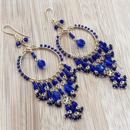 Bohemian Cobalt Blue Fire Polished Beaded Chandelier Earrings in Hypoallergenic Steel