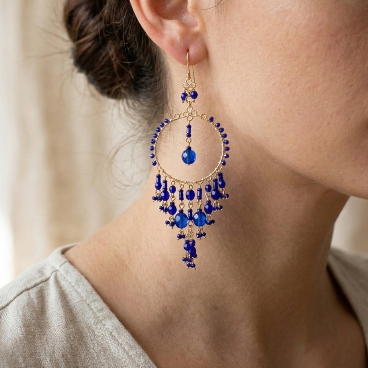 Bohemian Cobalt Blue Fire Polished Beaded Chandelier Earrings in Hypoallergenic Steel