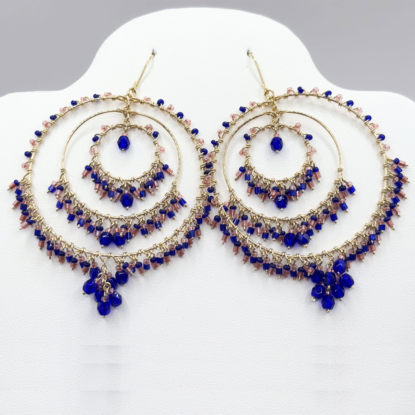 Bohemian Cobalt & Rose Fire Polished Triple Hoop Earrings in Hypoallergenic Steel