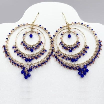 Bohemian Cobalt & Rose Fire Polished Triple Hoop Earrings in Hypoallergenic Steel