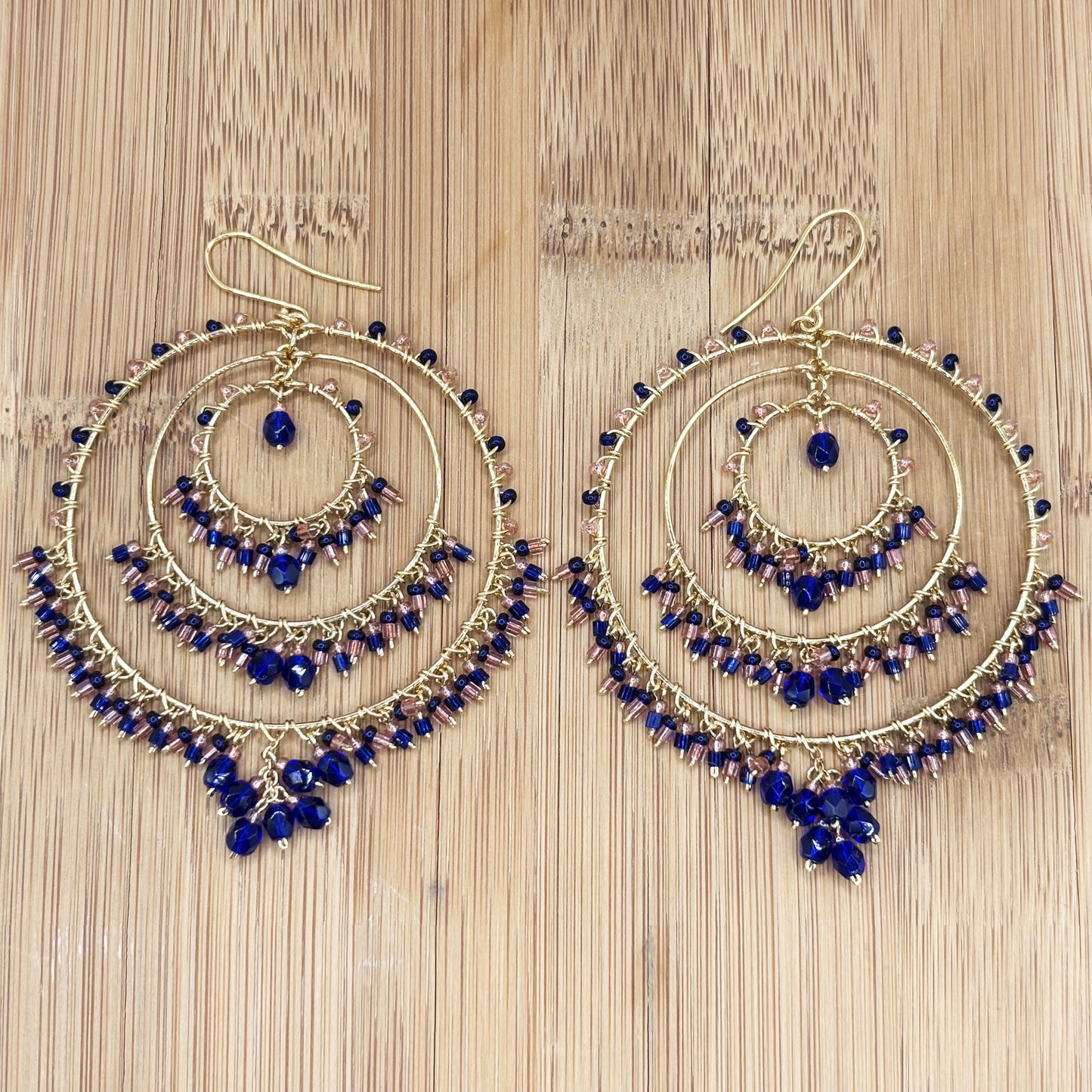 Bohemian Cobalt & Rose Fire Polished Triple Hoop Earrings in Hypoallergenic Steel