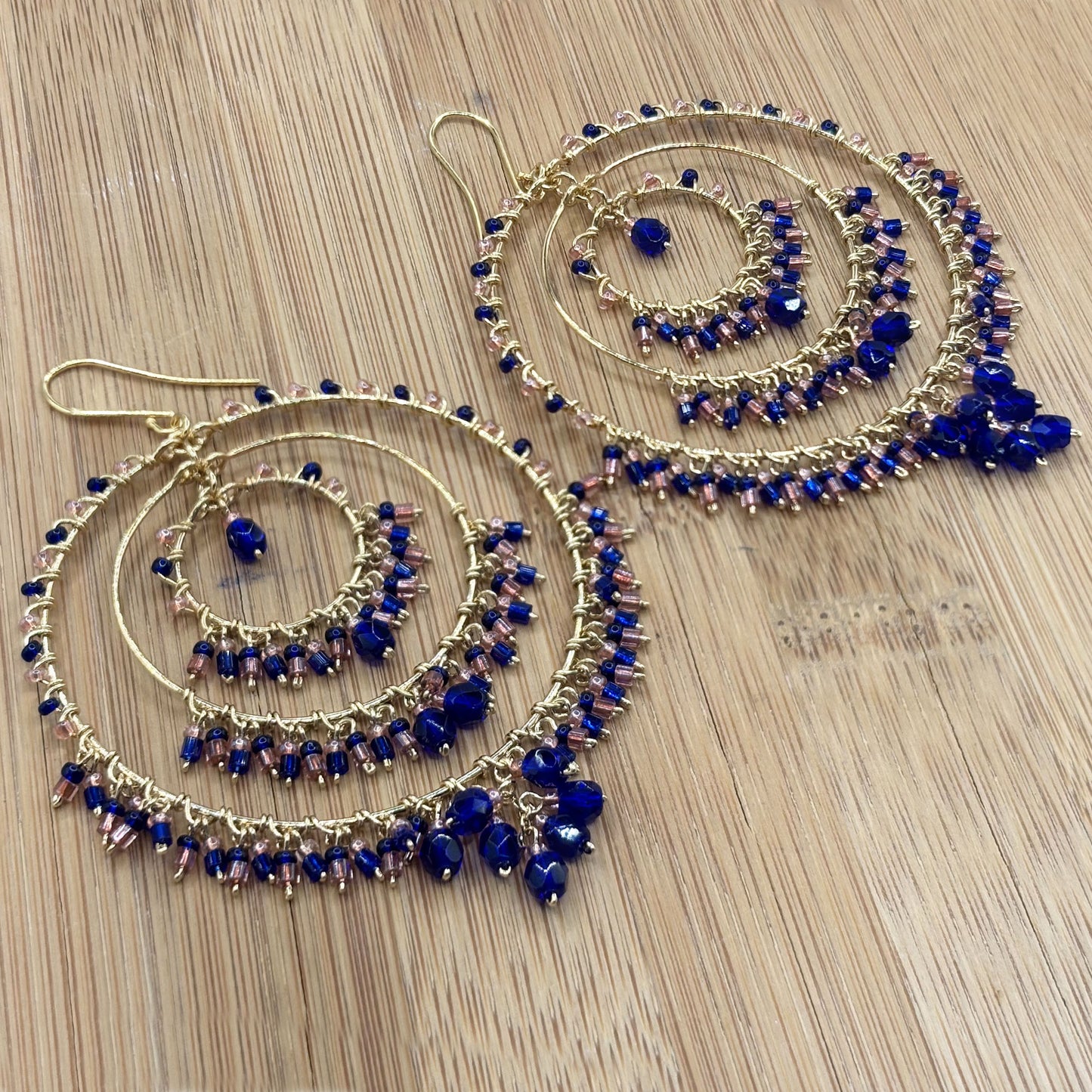 Bohemian Cobalt & Rose Fire Polished Triple Hoop Earrings in Hypoallergenic Steel